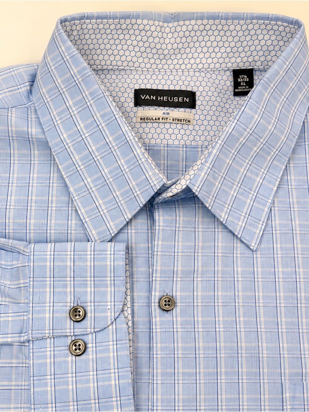 Van Heusen Air Regular Fit Stretch Dress Shirt Blue Plaid 17.5 32/33 XL